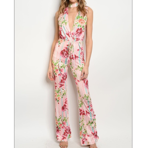 Pants - Pink striped floral choker jumpsuit.